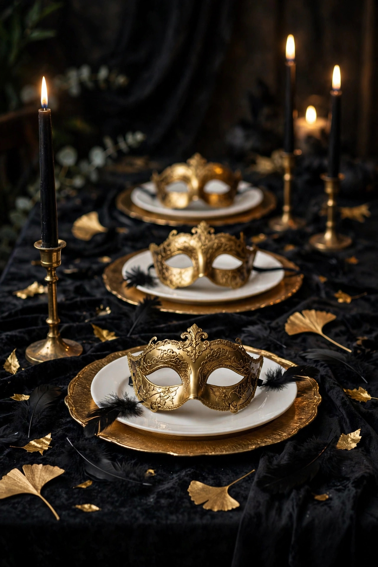 Black and gold Halloween masquerade tablescape with taper candles