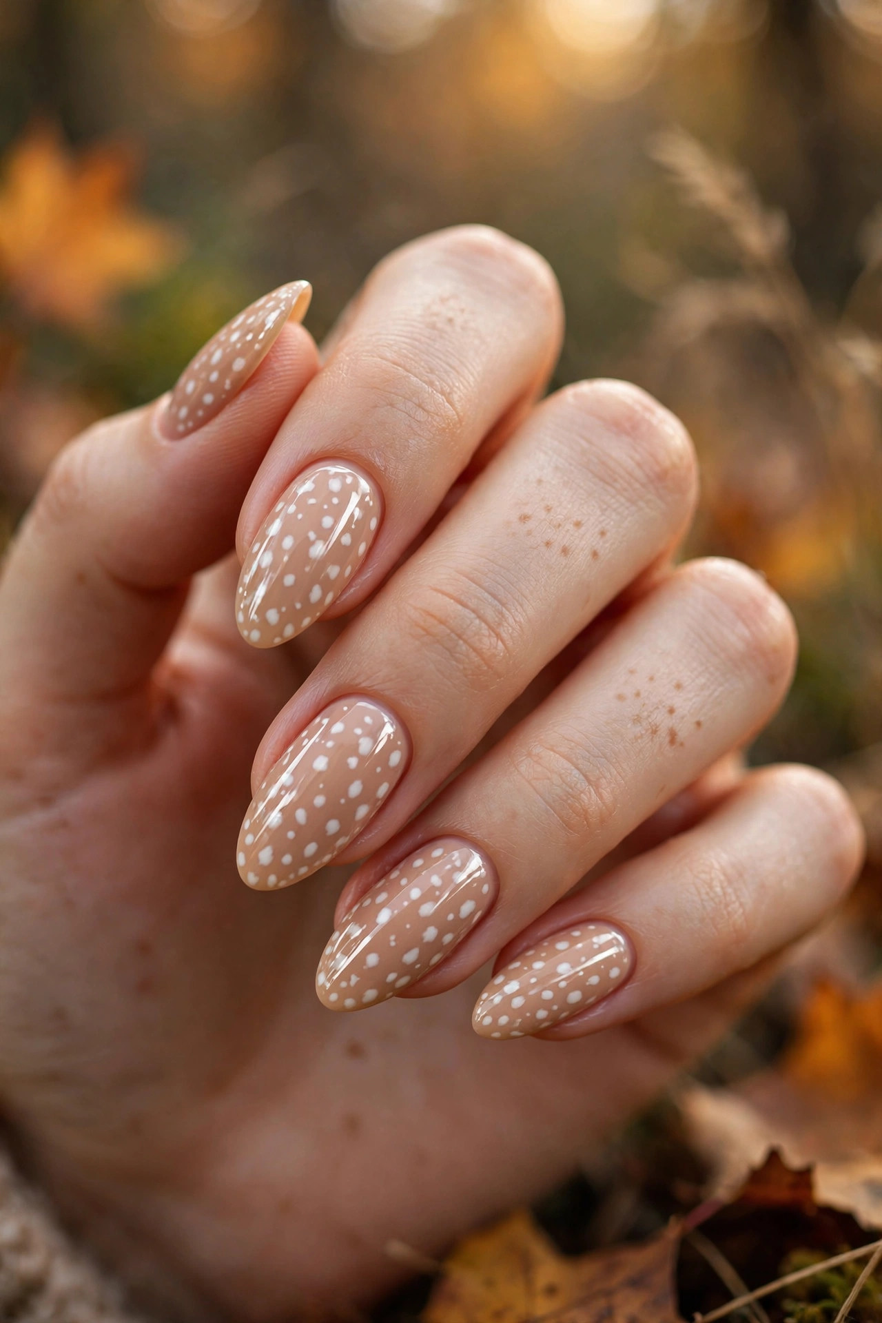 Classic nude bambi spots on almond nails with brown fawn print