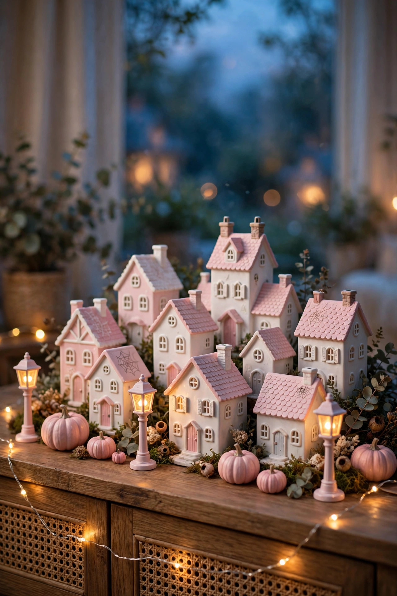 Miniature ceramic haunted house village painted pastel pink and white with tiny pink pumpkins and string lights