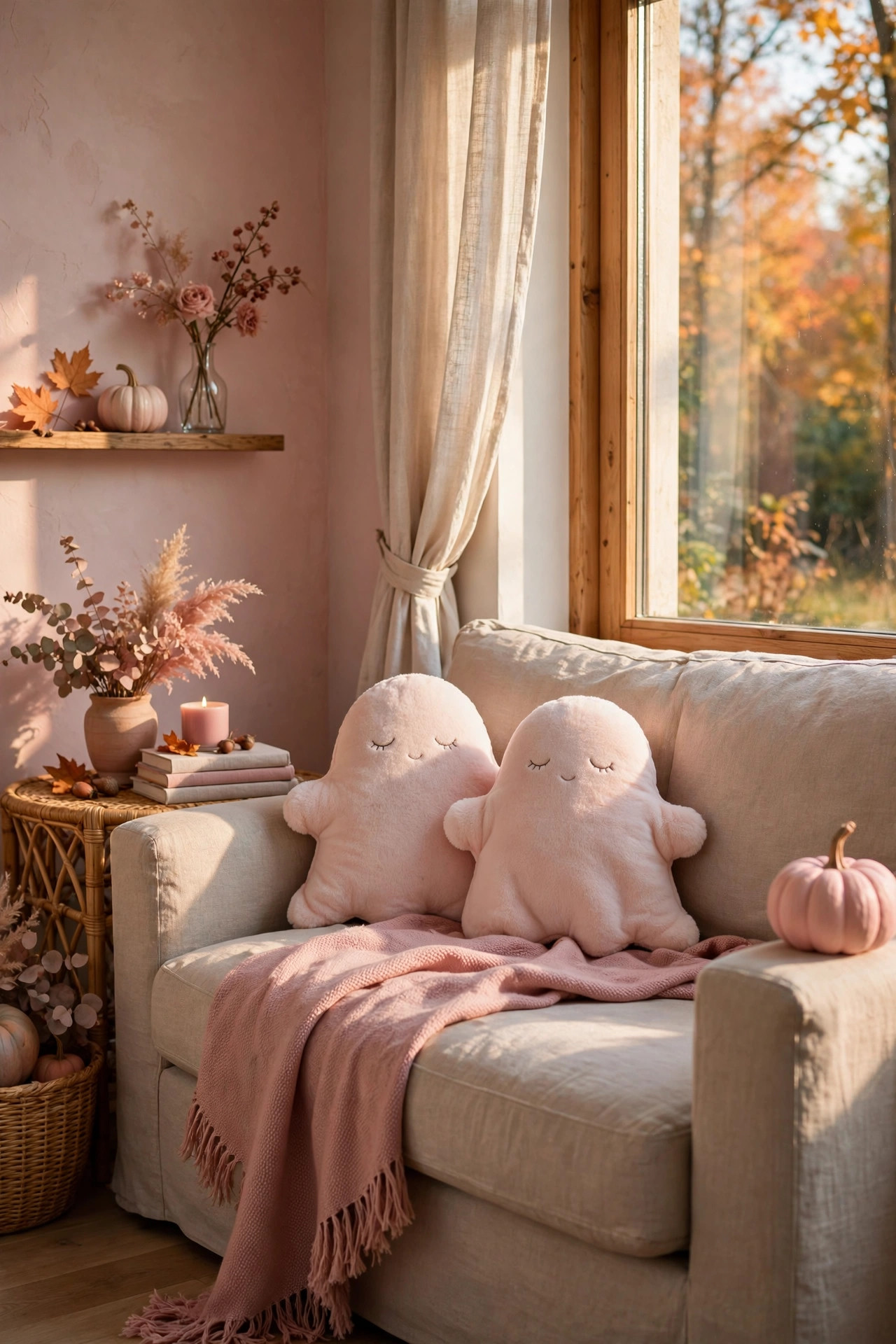 Beige couch styled with blush pink ghost throw pillows and a dusty rose throw blanket