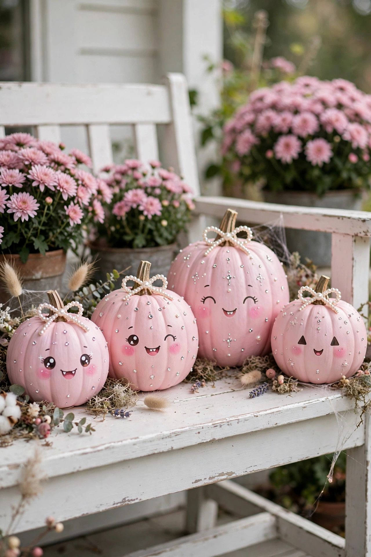 Hand-painted pastel pink pumpkins with cute kawaii jack-o-lantern faces and pearl bows on a porch bench