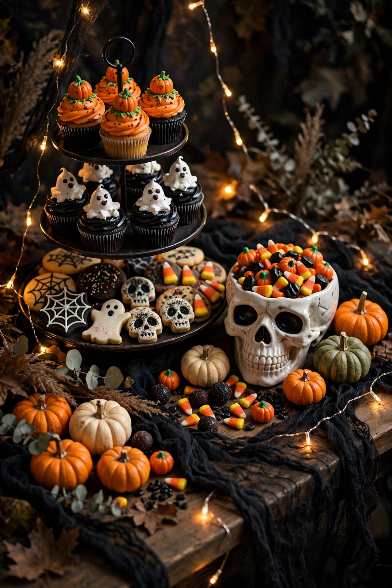 Halloween dessert tablescape with tiered trays and spooky treats