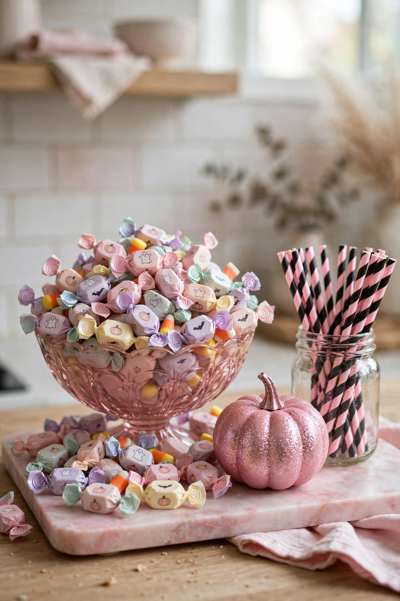 Vintage pink glass candy bowl filled with pastel Halloween candies on a pink marble tray with a glittery pink pumpkin